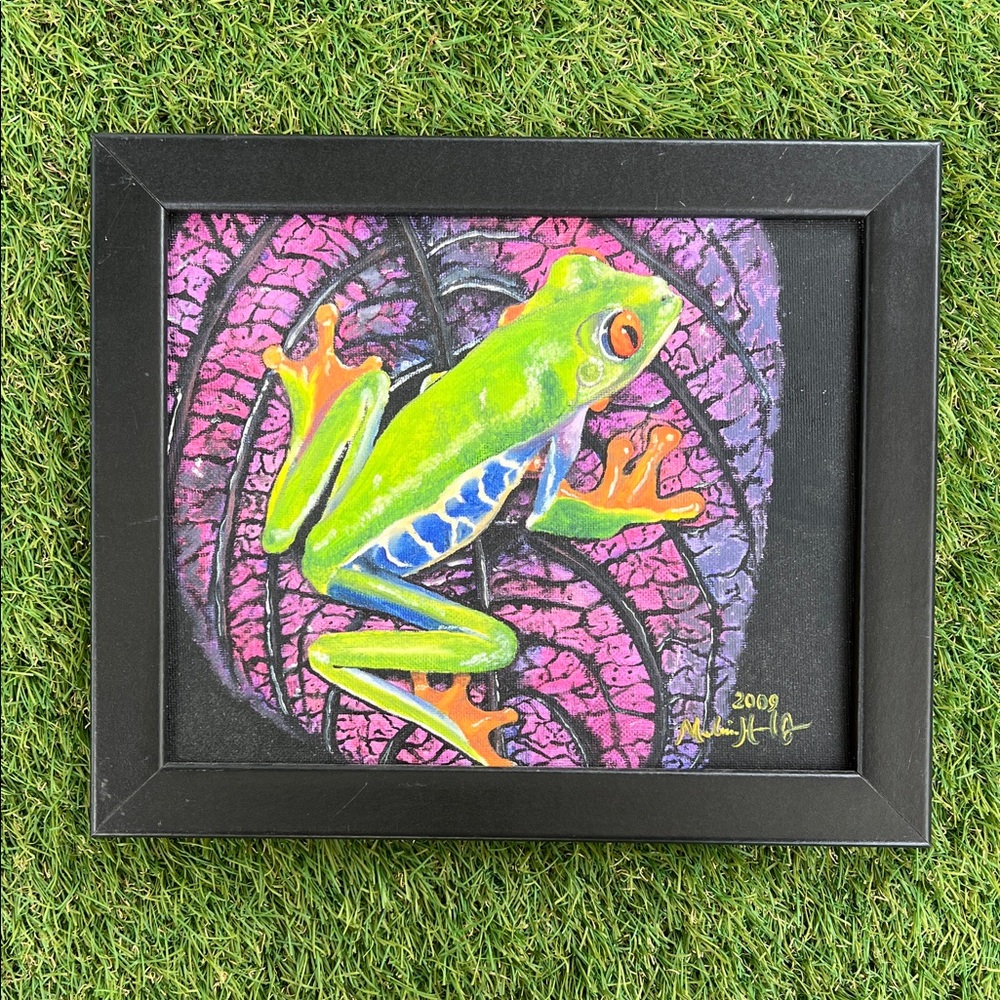 Colorful Tree Frog hand painted oil on canvas board  - Bright Green & Pink